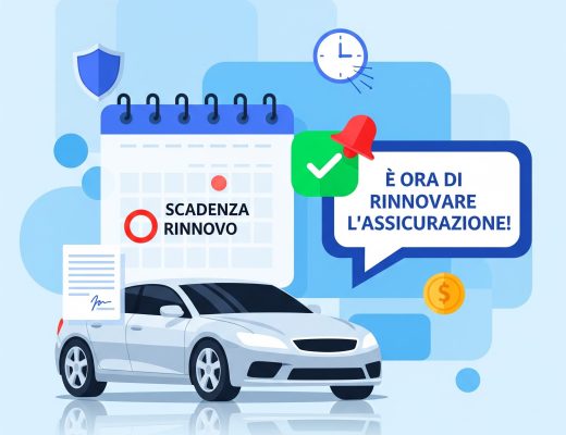 Illustrazione sul rinnovo dell'assicurazione auto, con una macchina, un calendario che indica la "Scadenza Rinnovo" e icone di protezione e costo della polizza.